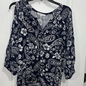 Perseption Concept Blue Floral Blouse Top long sleeve with opening Medium